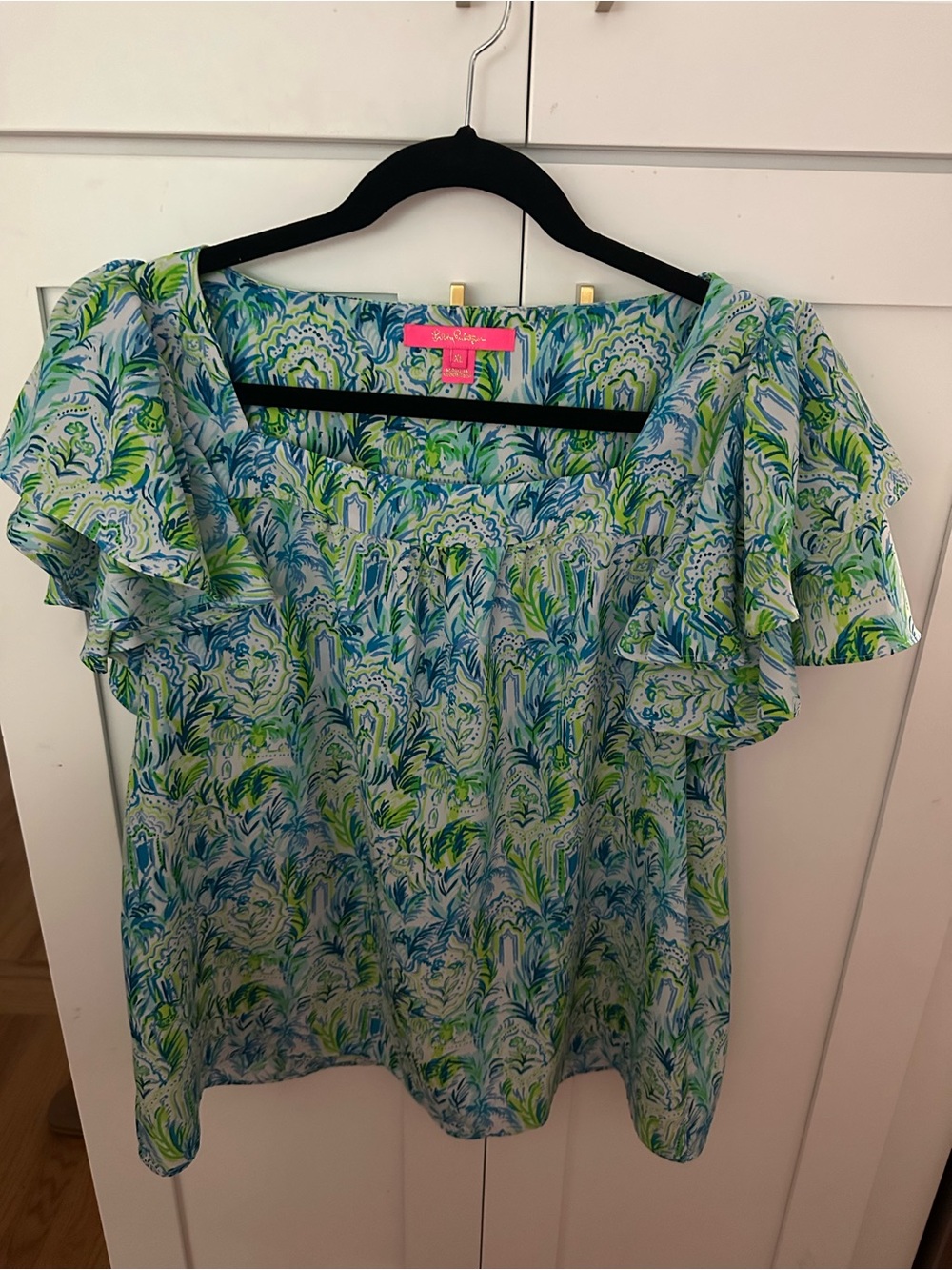 Lilly Pulitzer Blue & Green Floral Flutter Sleeve Top